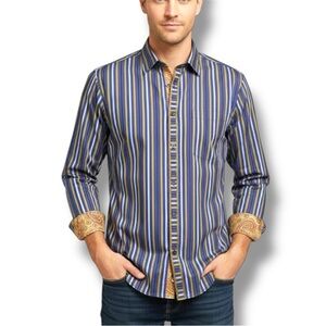 Robert Graham Men’s Blue & Yellow Striped Button Down Dress Shirt Size Xlarge